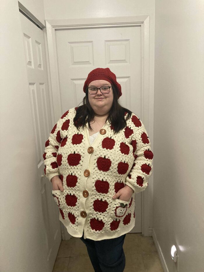 Crochet Apple Cardigan With Matching Hat