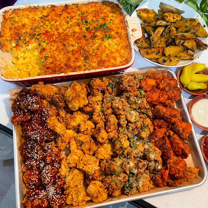 Made Fried Chicken Nuggets (BBQ, Normal, Garlic Parm, Buffalo), Baked Macaroni And Cheese, And Herby Potatoes For Brother's Bday Dinner