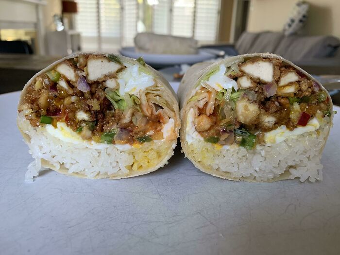 Filipino Tofu Sisig Burrito (With Garlic Rice And A Fried Egg)