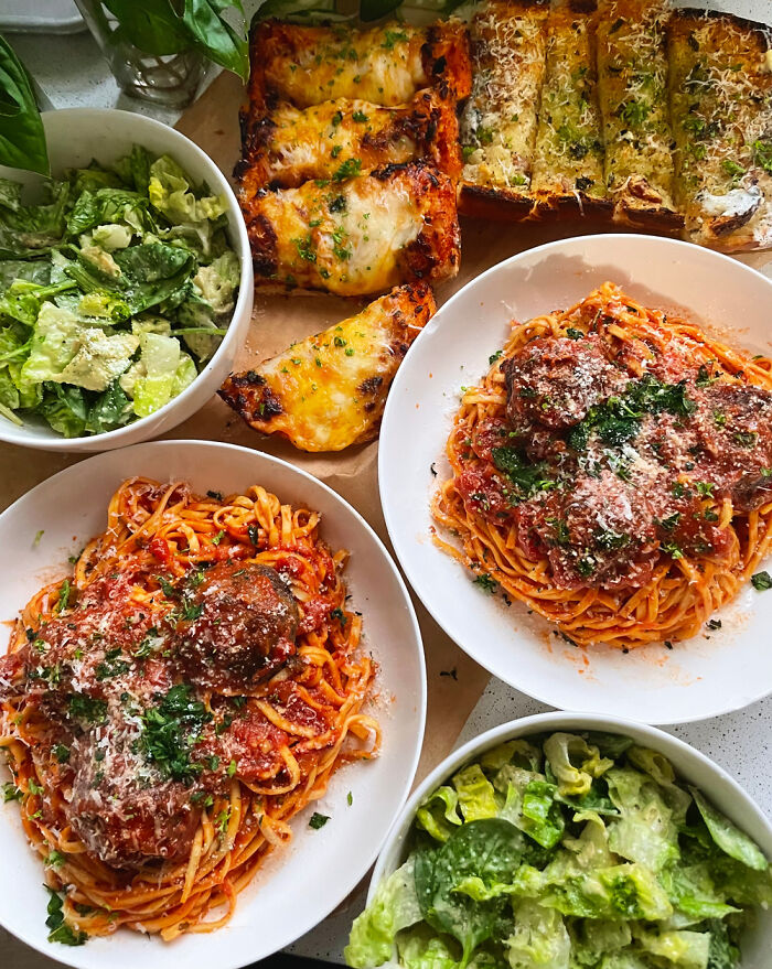 Linguine And Meatballs W/ Roasted Tomato Basil Sauce, Salad, And Gochujang Cheesy Garlic Bread + Pesto Garlic Bread