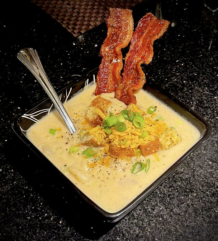 Loaded Potato Soup With Peppered Bacon Dippers And Homemade Parmesan Sourdough Croutons [oc]