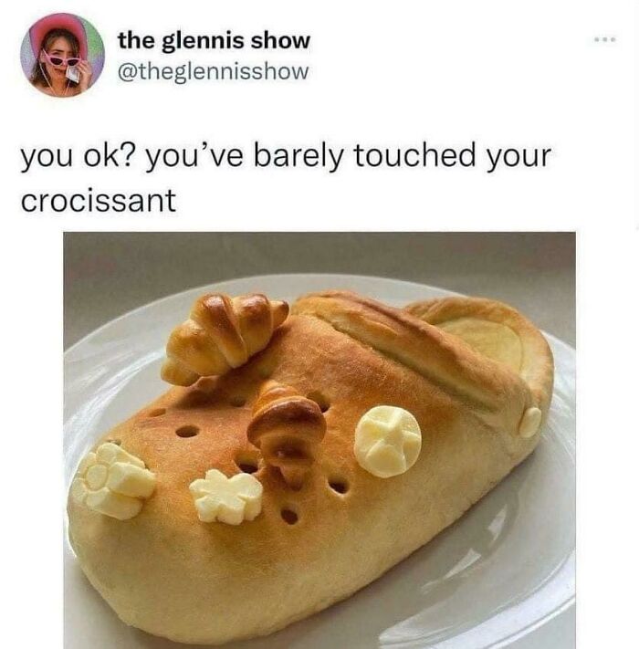 Bread in the shape of a shoe with croissant decorations, captioned humorously about untouched “crocissant.”