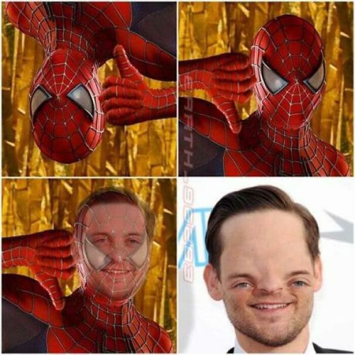 Spider-Man meme with distorted faces in four panels, creating a funny yet awkward visual effect.