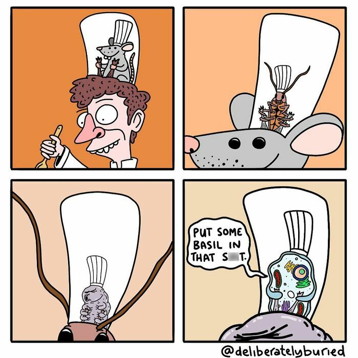 Cartoon parody of rat cooking scenario with unexpected insects and a skull.