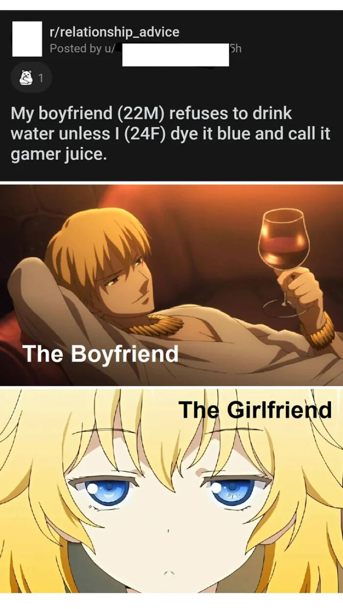 Anime characters with captions: "The Boyfriend" holding a drink, "The Girlfriend" staring, related to a funny meme post.