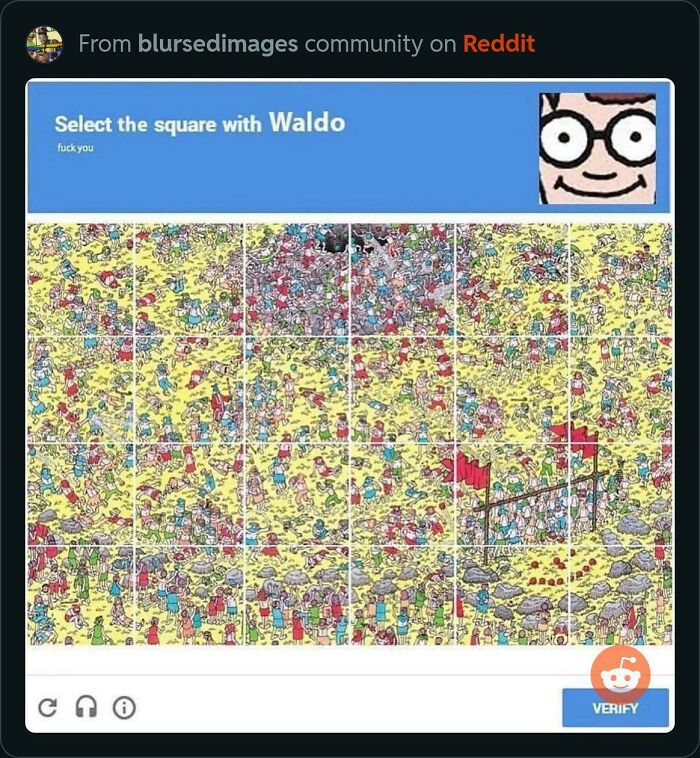 Captcha puzzle with Waldo, featuring a busy, colorful crowd scene from Reddit's blursedimages community.