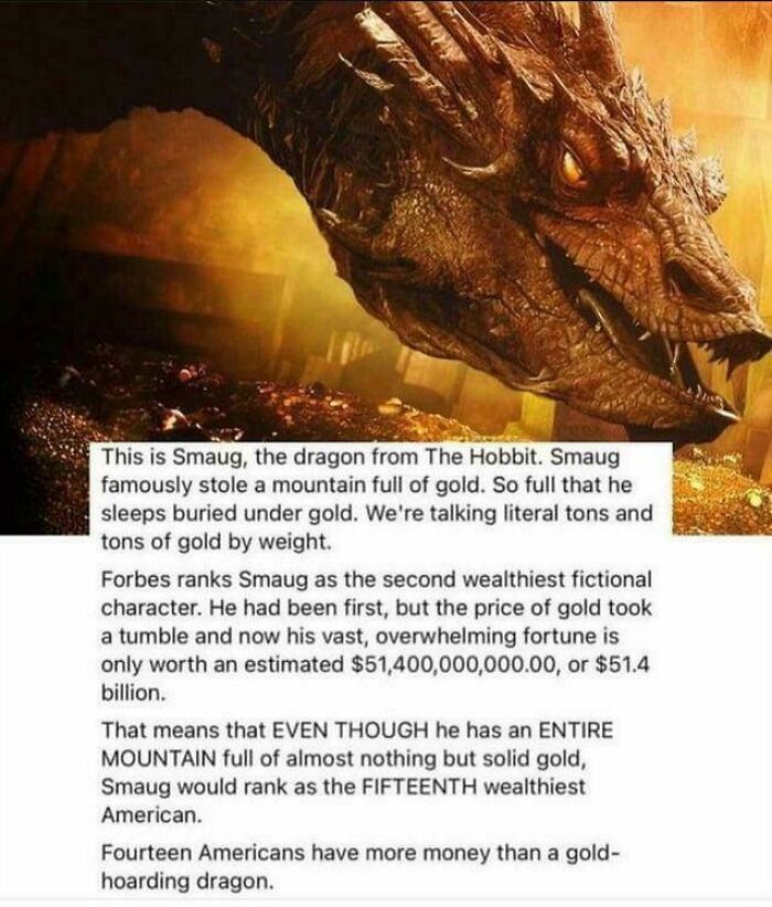 Smaug the dragon resting on gold, with text about his wealth compared to the wealthiest fictional characters.