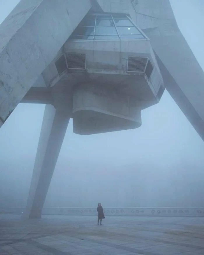 Under S 204m Tall Brutalism Architecture TV Tower, Serbia. Blade Runner Vibes