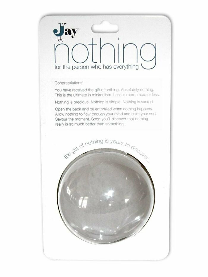 Product packaging labeled "nothing" as a gift, highlighting minimalist humor.