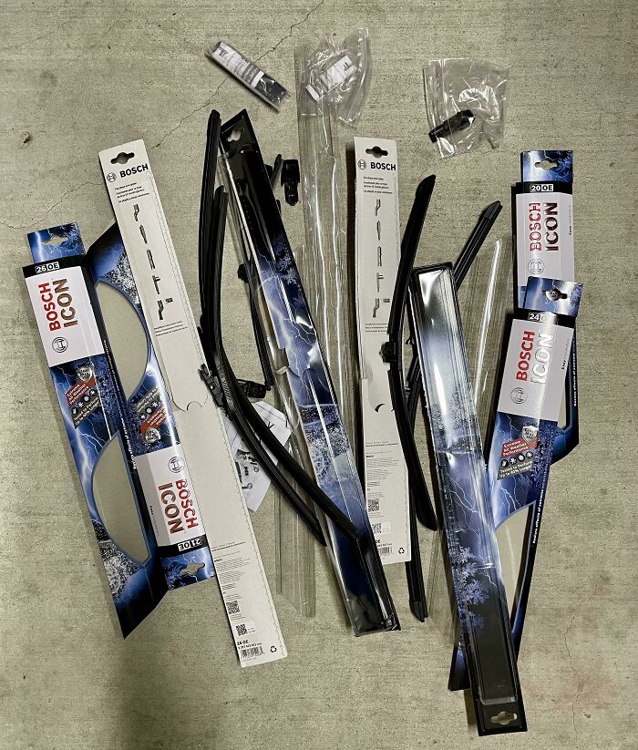 Excessive packaging for wiper blades, highlighting a case of wrong product packaging.