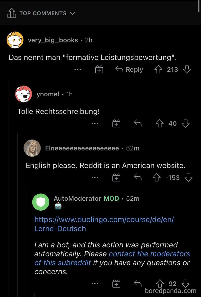 Reddit thread showcasing comments in German, with a humorous response about English usage.