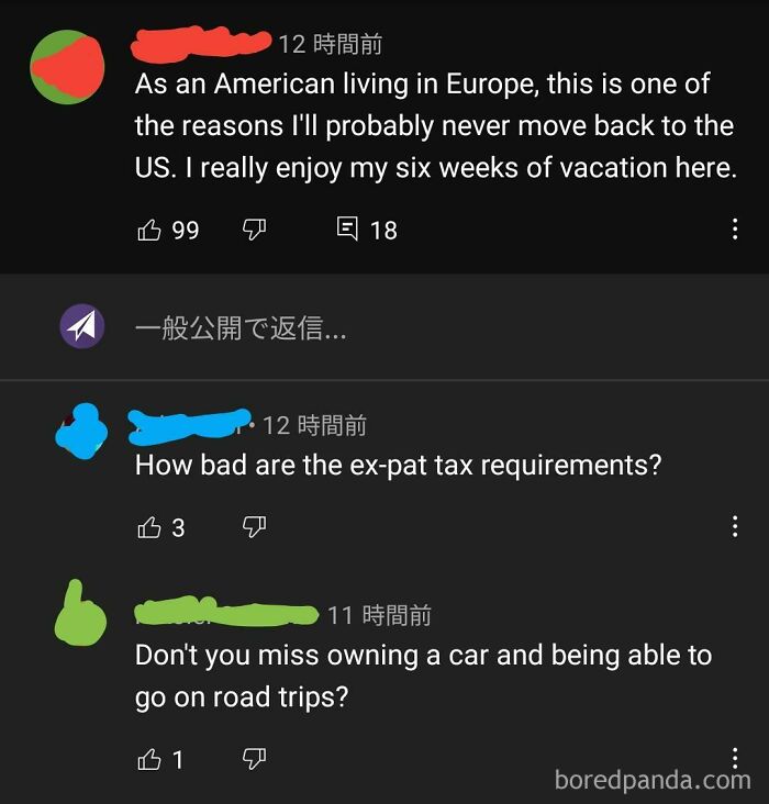 Comments screenshot of Americans discussing living in Europe; one mentions enjoying six weeks of vacation.