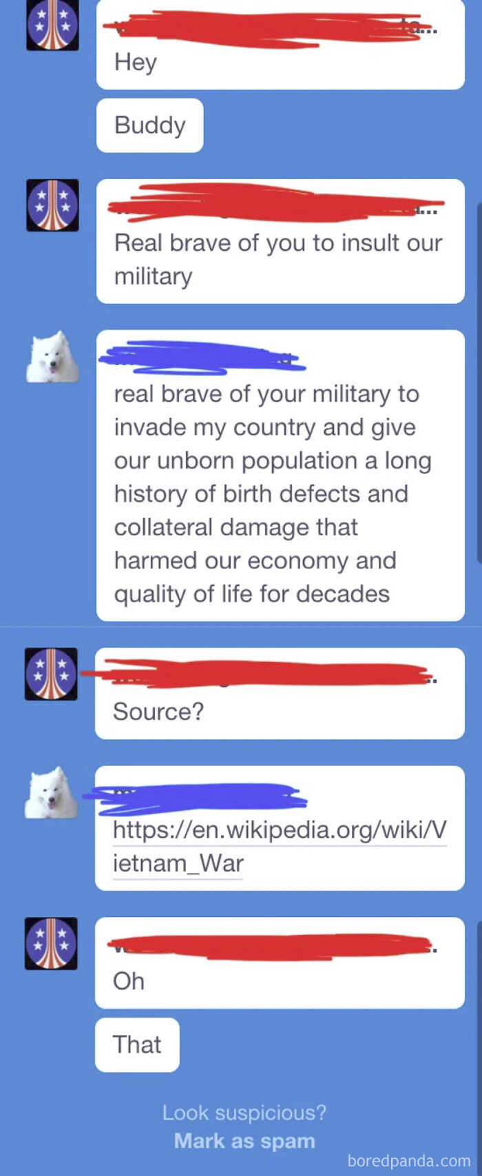 Screenshot of a conversation where Americans discuss military actions, showcasing humor and irony.