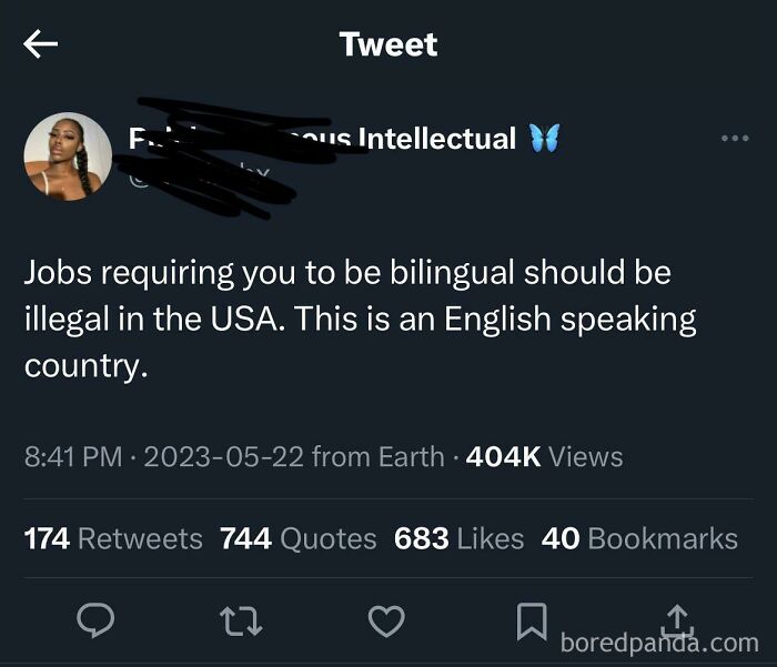 Tweet screenshot expressing opinion on bilingual job requirements in the USA; example of American ignorance.