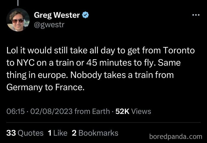 Screenshot of a tweet highlighting a humorous misunderstanding about train travel distances in America and Europe.