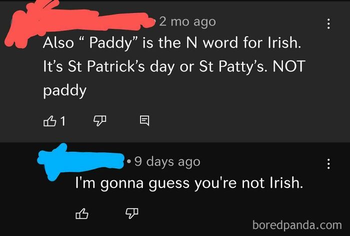 Screenshot of a humorous exchange, highlighting common misconceptions about St. Patrick's Day terminology.