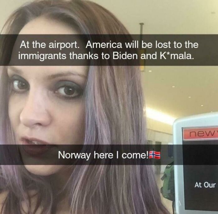 A person at an airport expresses political frustration, mentioning Biden and planning to move to Norway.