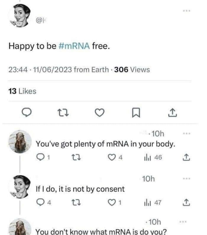 Tweet exchange displaying overly confident, incorrect claims about being mRNA-free.