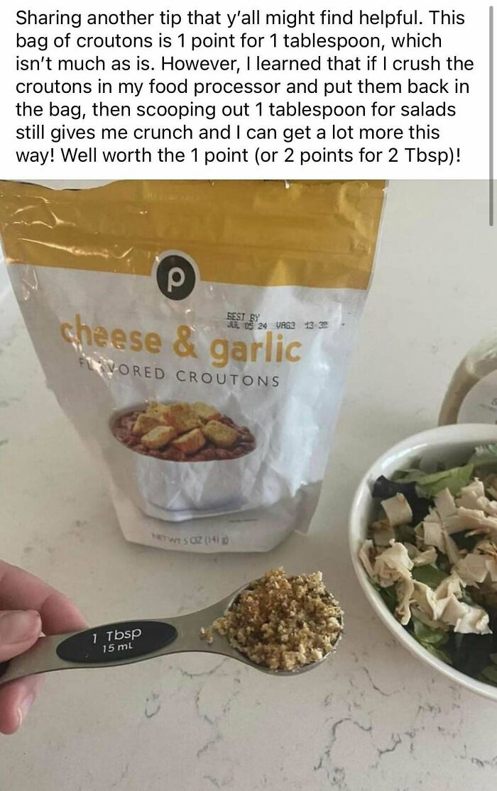 Crushed croutons in a tablespoon with a cheese & garlic flavored bag and salad, showcasing overly confident incorrect advice.