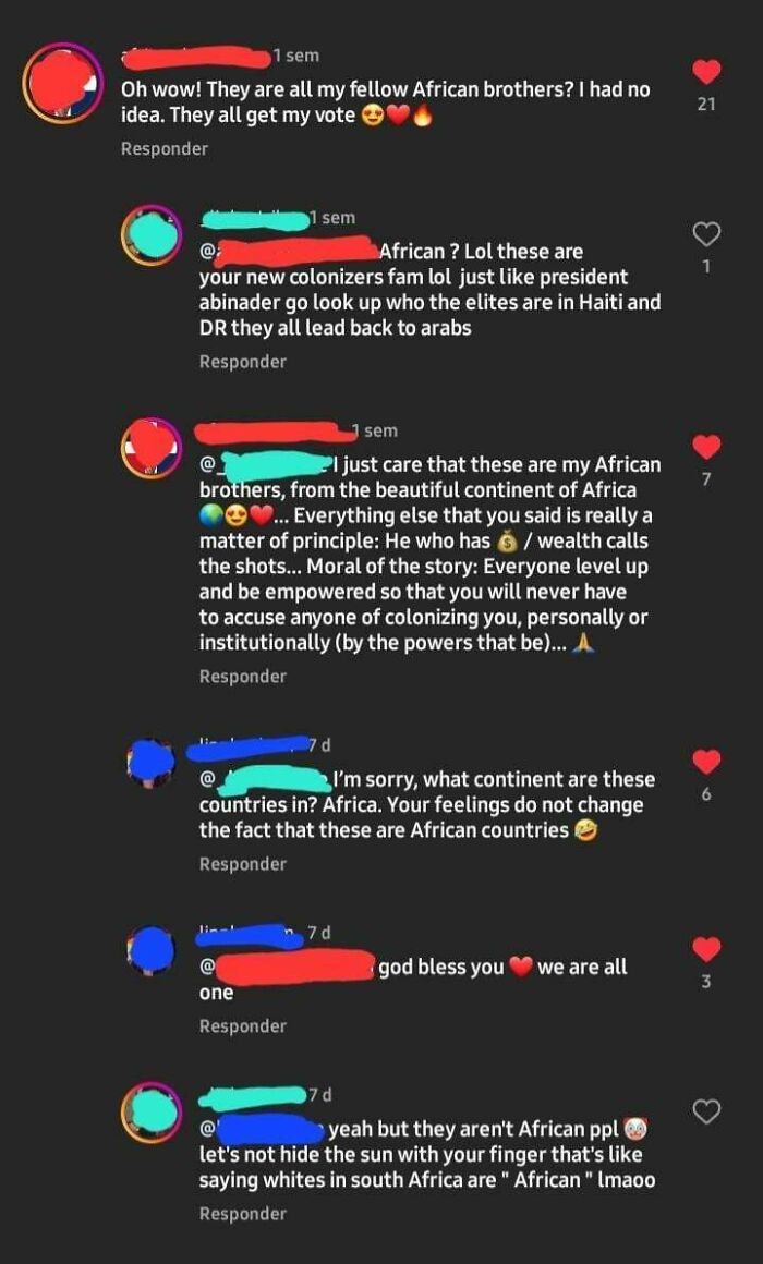 Social media exchange showing overly confident incorrect people discussing African identity.