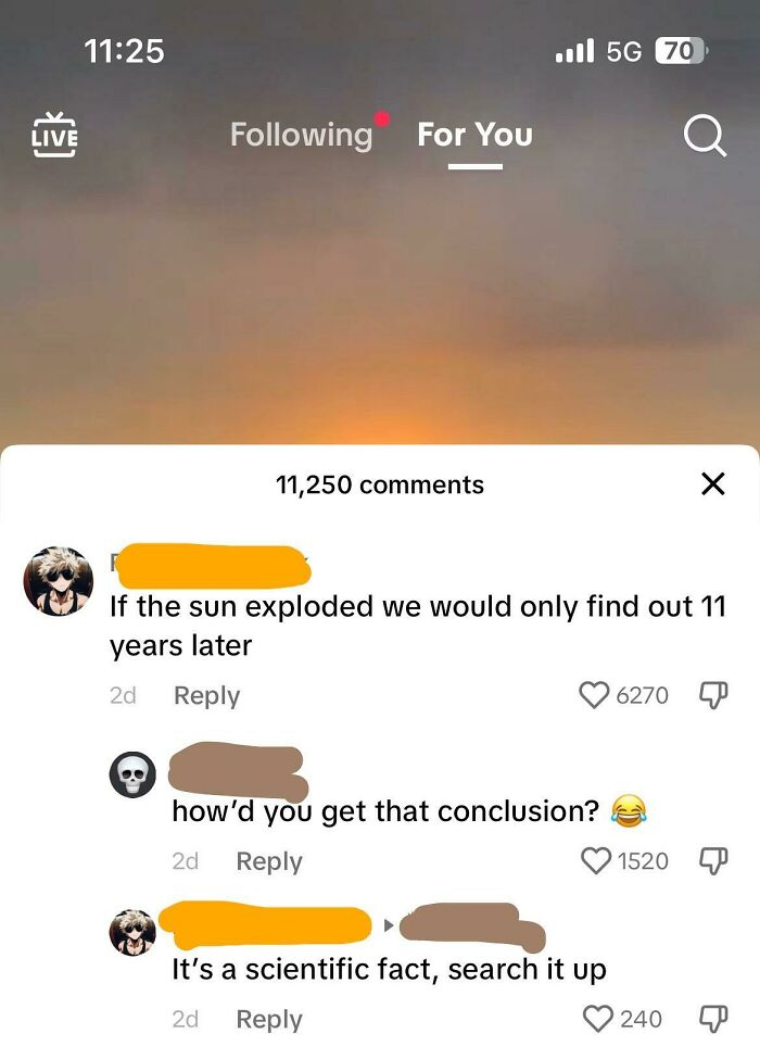 A screenshot of an overly confident comment claiming the sun's explosion would be detected 11 years later.