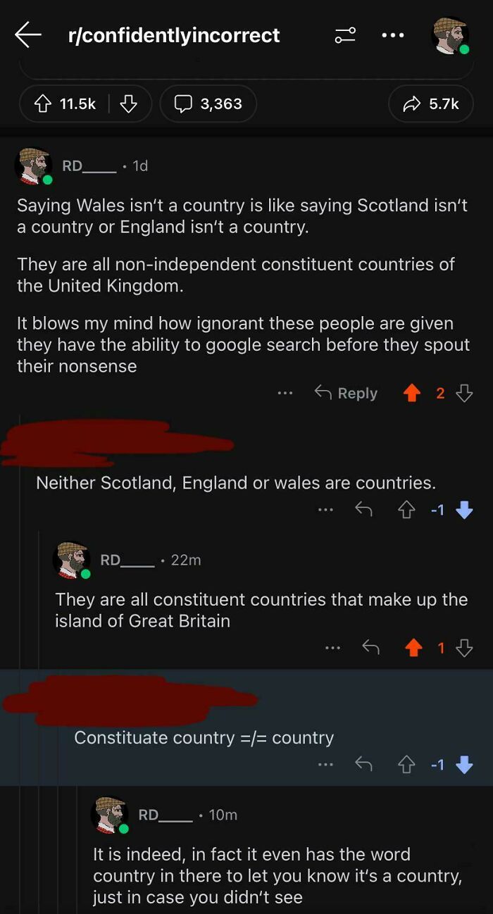 Reddit thread showcasing overly confident incorrect opinions about the status of countries in the UK.