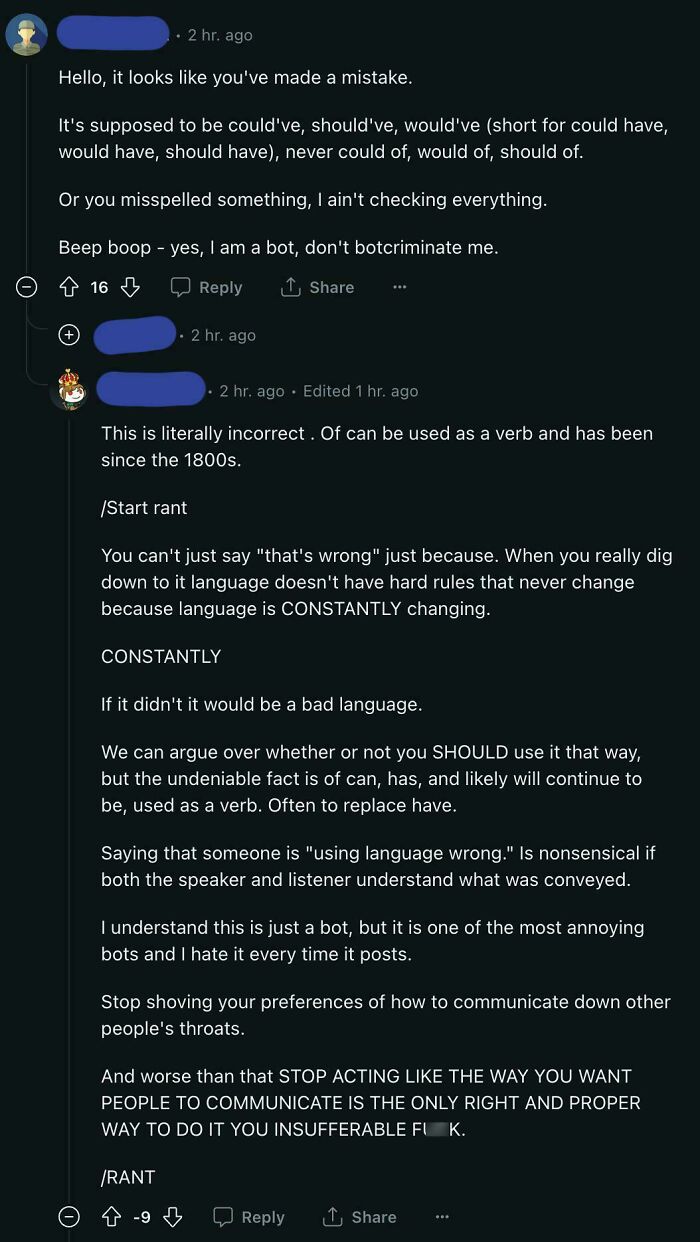 Online comment thread showing overly confident incorrect people arguing about grammar usage.