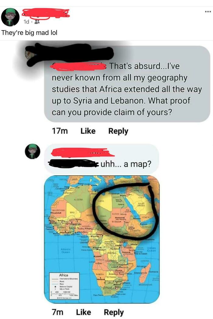 Map discussion showing overly confident incorrect people debating Africa's location relative to Syria and Lebanon.