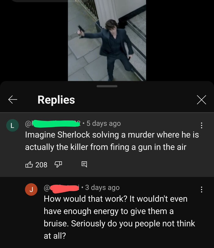 Comments showcasing overly confident incorrect people discussing a Sherlock scene.