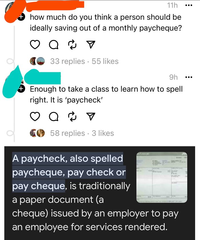 Social media exchange highlighting overly confident incorrect spelling of "paycheck."