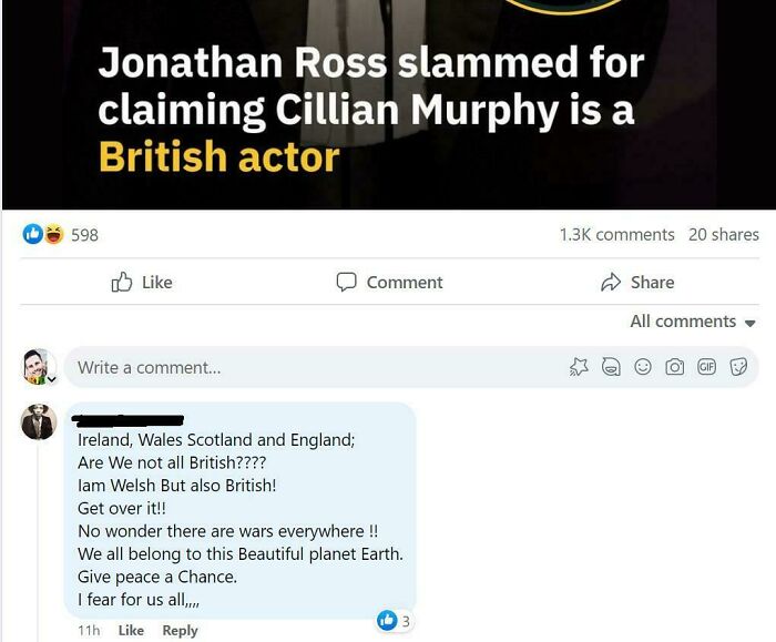 Jonathan Ross criticized for claiming Cillian Murphy is British; Facebook comments reveal overly confident incorrect people.