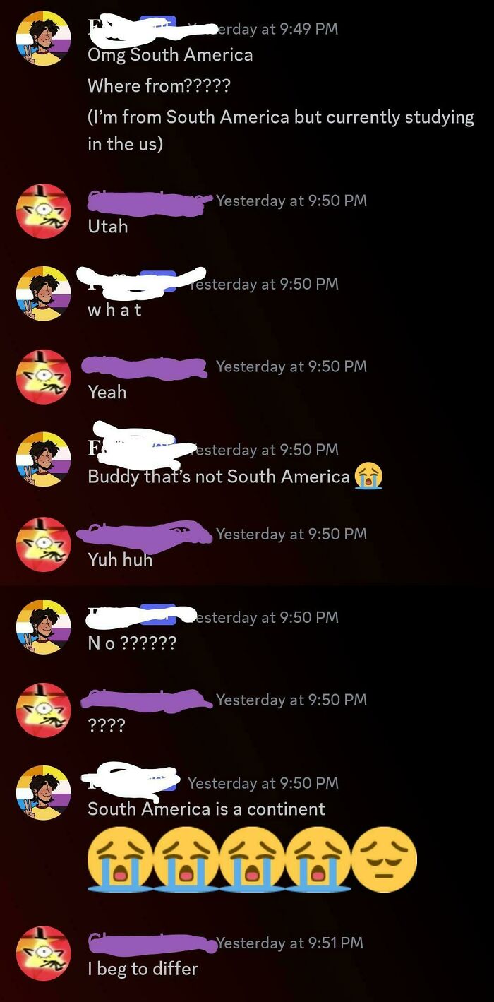 Text exchange showing overly confident incorrect people discussing South America's location.