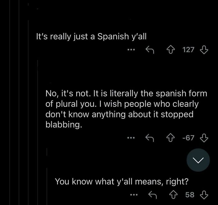 Reddit discussion highlighting overly confident incorrect people debating Spanish language usage.