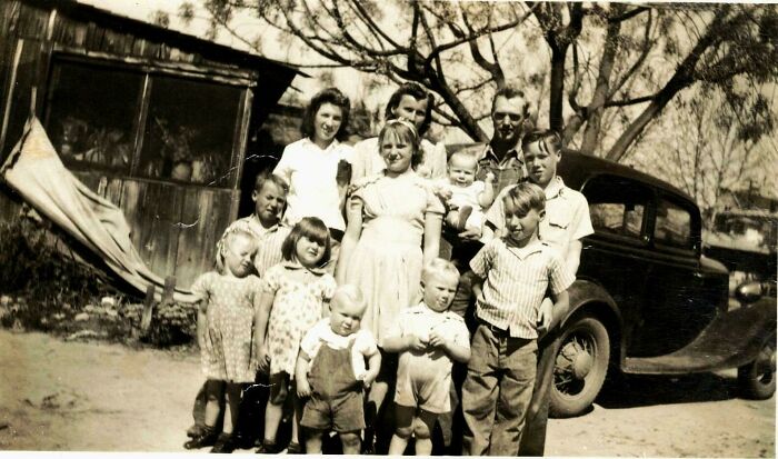 My Dad's Family Leaving Missouri For California Cicra 1944. My Dad, 1st Row All The Way To The Right. Crazy Thing Is There Are 8 Older Kids Not In The Picture