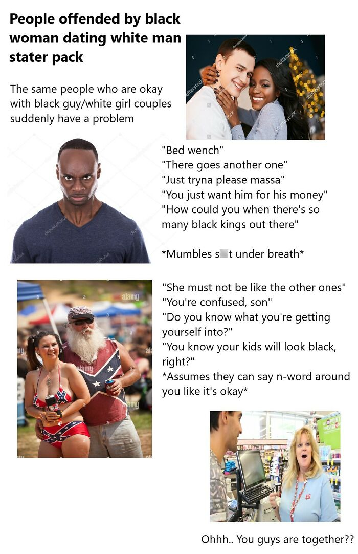 Starter pack meme depicting reactions to a black woman dating a white man, highlighting stereotypes and criticisms.