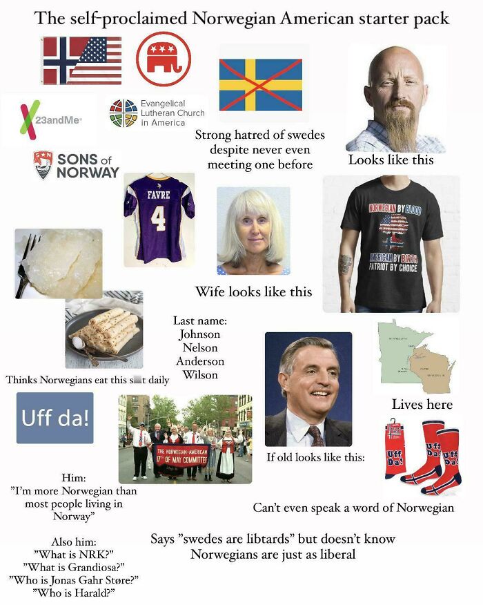 Self-proclaimed Norwegian American starter pack with stereotypes and cultural references.