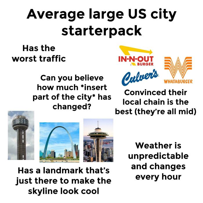 Average large US city starter pack with traffic, landmarks, and fast-food chains like In-N-Out, Culver's, and Whataburger.