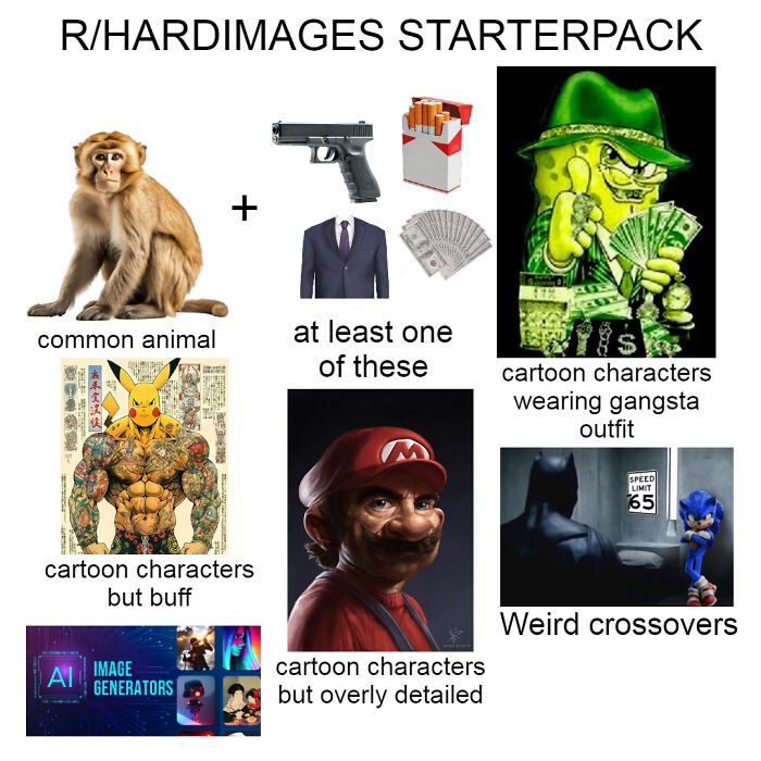 Funny starter pack showing a monkey, cartoon characters as gangsters, buff, detailed, and unusual crossovers.