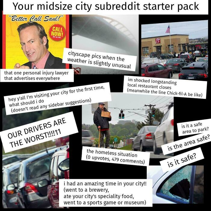 Midsize city subreddit starter pack with memes about local quirks, driving, restaurants, and unique city experiences.