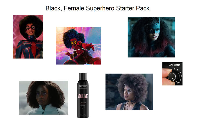 Black female superhero starter pack featuring characters, hair products, and volume control.