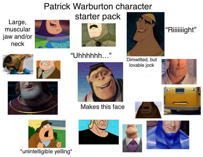 Patrick Warburton character starter pack featuring iconic traits and quotes in a humorous and accurate collage.