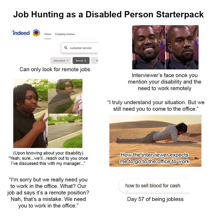 "Funny starter pack about job hunting as a disabled person, highlighting challenges in finding remote work and employer responses."