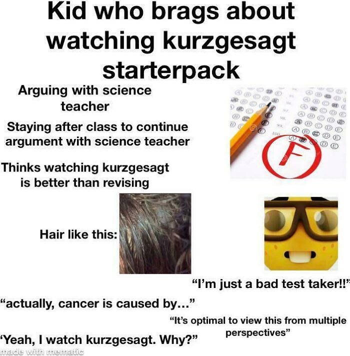 Hilarious starter pack meme about kids who brag about watching Kurzgesagt, featuring typical traits like arguing with teachers.