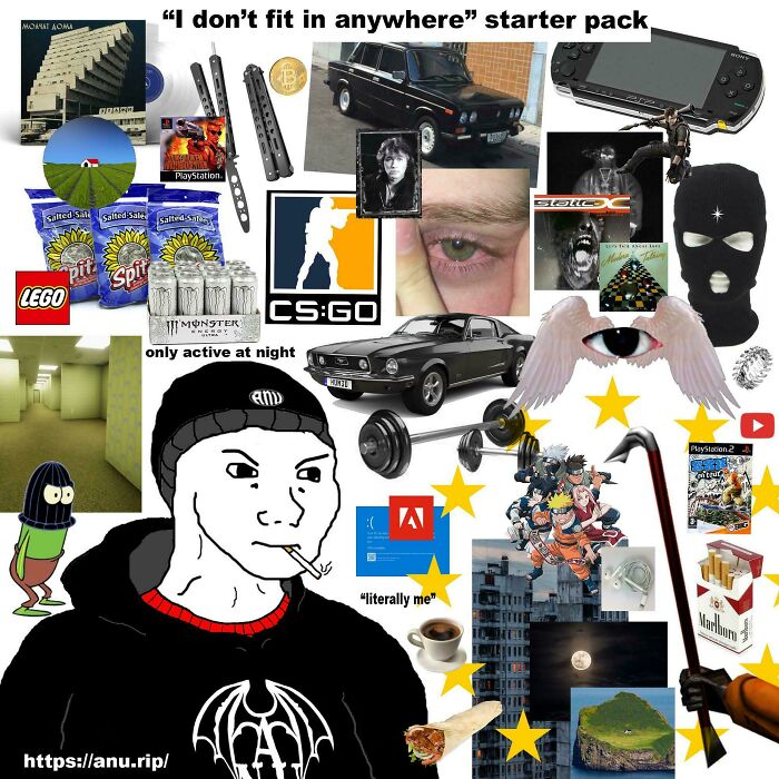 "I don't fit in anywhere" starter pack with various humorous and eclectic items conveying outsider identity.