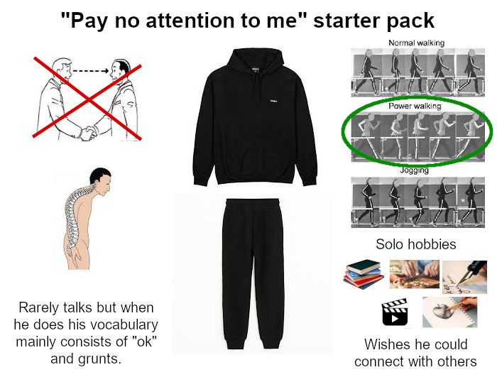 "Pay no attention to me" starter pack with black hoodie, sweatpants, and solo hobbies, emphasizing introverted traits.