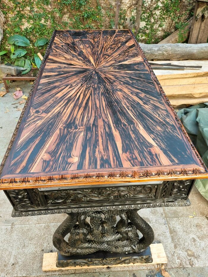 I Made A Desk With Antique Anglo-Indian Motifs Hand Carved In Jet Black Mun Ebony Topped By A Starburst Pattern Made From Highly Figured Coromandel Ebony