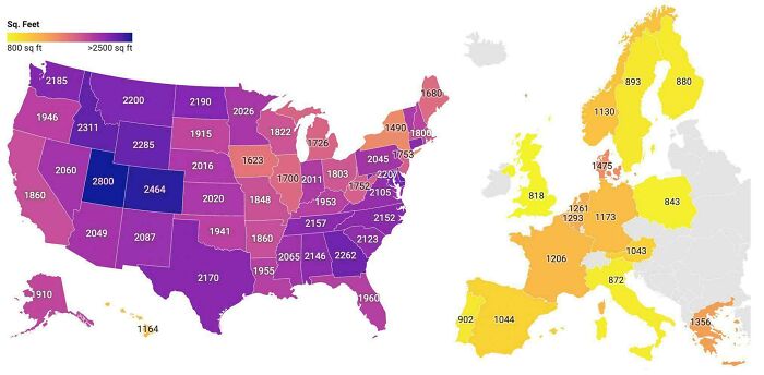 Using Square Feet, The Average Home Size By State In The Us And How It Compares To The Average Home Size In Western European Countries