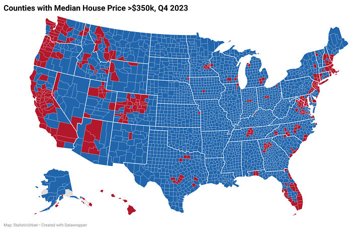 In Red Is Every County Where The Median House Selling Price Is >$350k