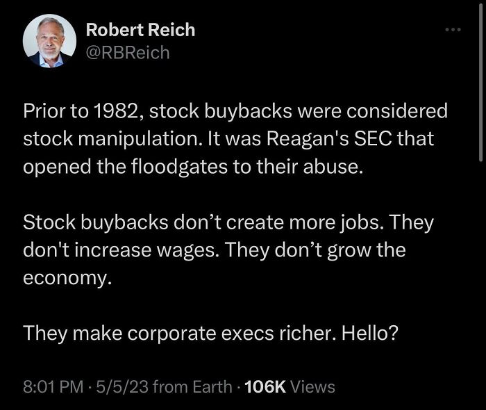 Tweet by a user discussing the negative impact of stock buybacks and their exploitation since 1982 on the lost generation.