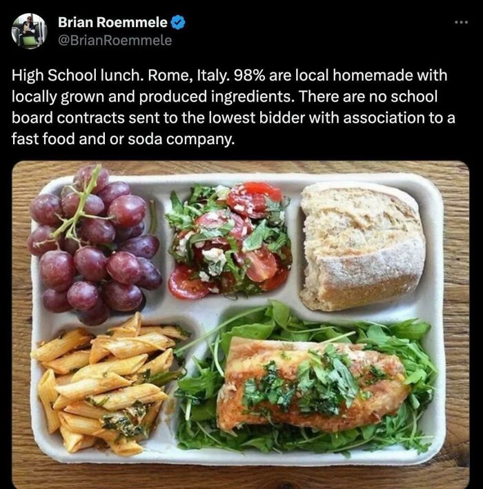 High school lunch in Rome, Italy with local ingredients: salmon, pasta, salad, grapes, and bread, showcasing 'Lost Generation' truths.